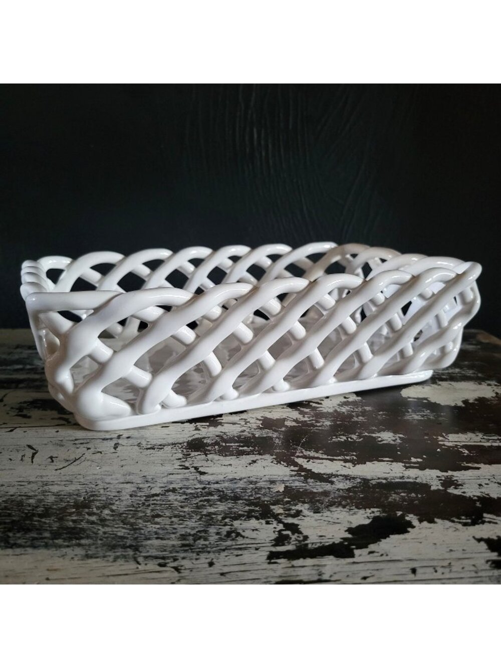 White Woven Ceramic Bread Basket Made In Portugal Rectangular Lattice Basket